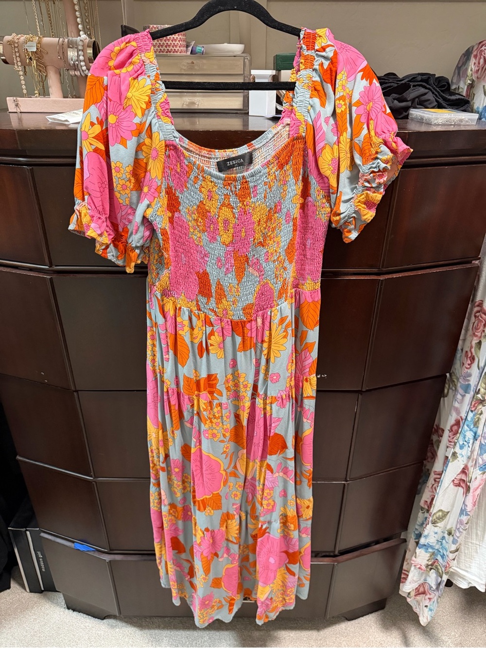 Smocked Maxi Dress in Pink & Orange Floral